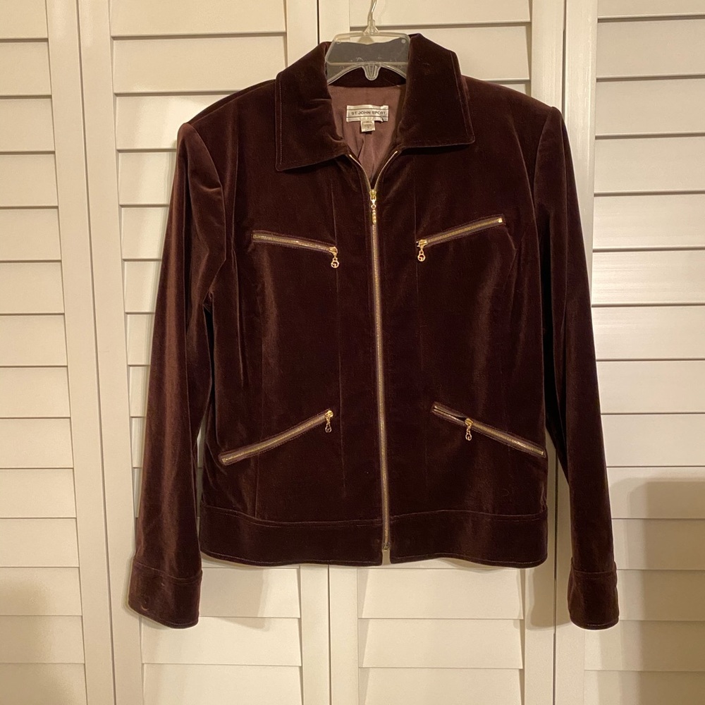 St. John Velvet Zip-Front Jacket in Deep Brown with Gold Zippers